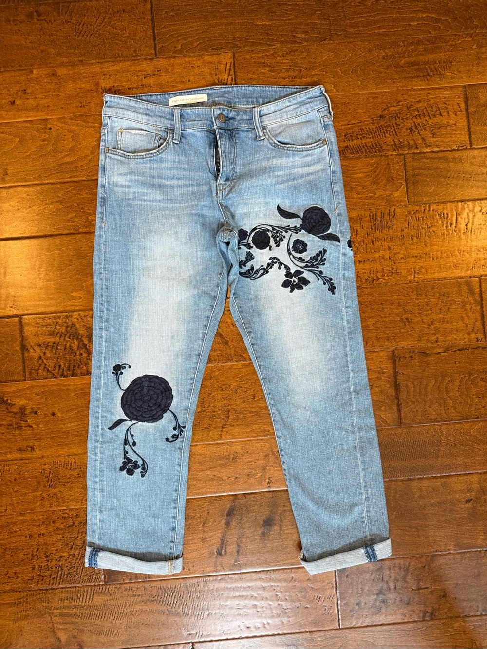 Pilcro Light Blue Boyfriend Jeans with Navy Floral Embroidery